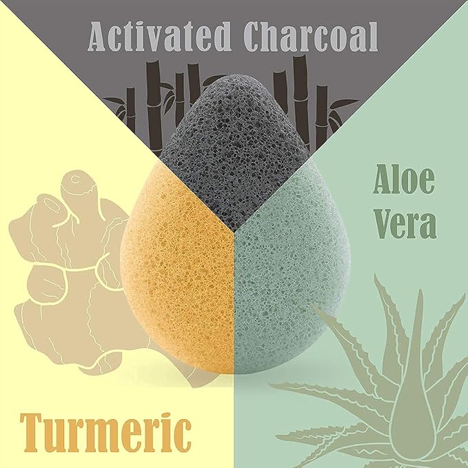 myHomeBody Natural Konjac Facial Sponges – Teardrop Shape - for Gentle Face Cleansing and Exfoliation - with Turmeric Yellow and Aloe Vera, Set of 4