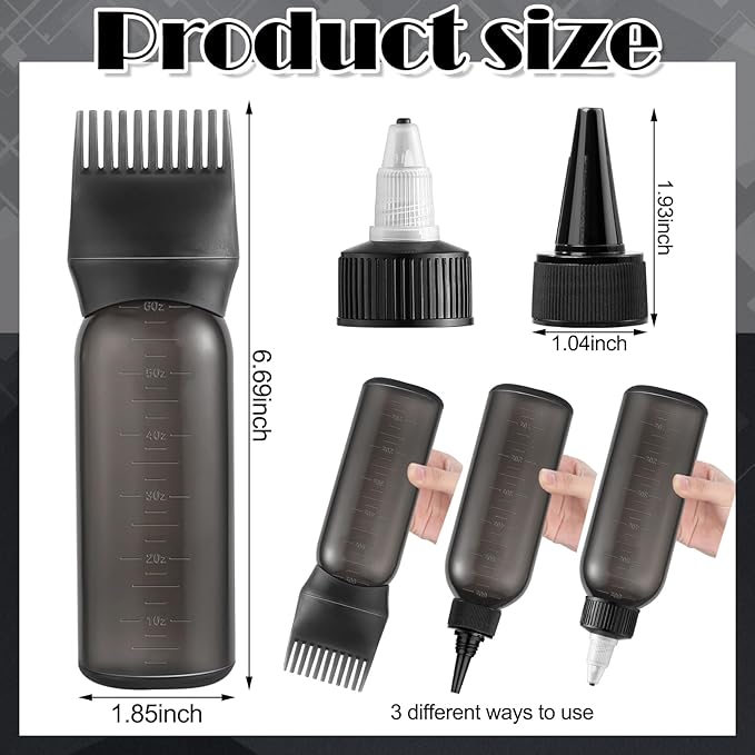 Root Comb Applicator Bottle Oil Applicator for Hair Dye Hair Oiling Bottle with 2 Types Caps and Graduated Scale, 6 Ounce (Black)