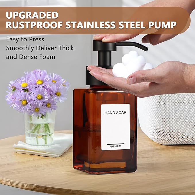 Foaming Hand Soap Dispenser 2 Pack, 12oz/350ml Amber Glass Foaming Soap Dispenser Set with Stainless Steel Pump, Square Refillable Foam Pump Bottles for Bathroom&Kitchen,Includes 6 Labels