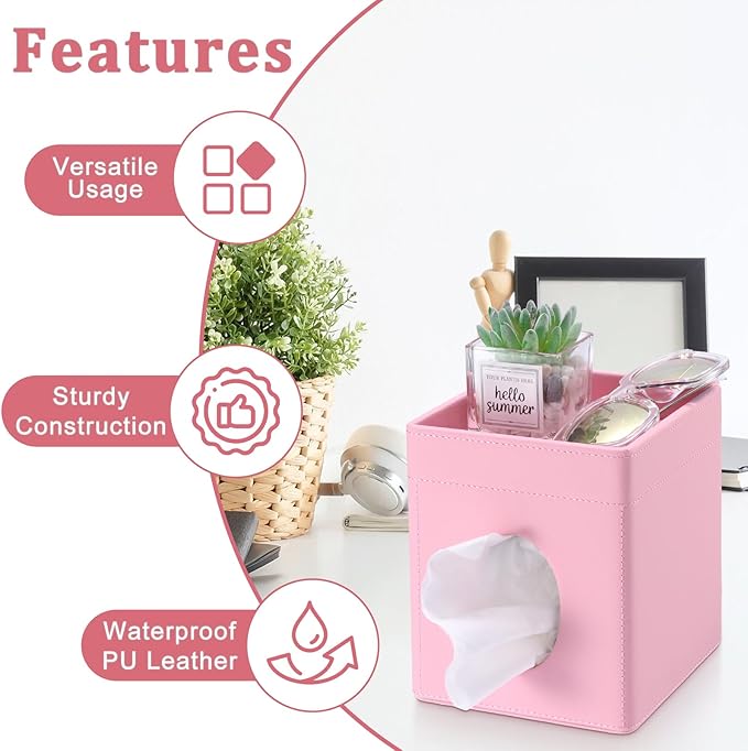 Sumnacon Square Tissue Box Cover with Storage Tray, Decorative Cube Tissue Holder PU Leather Facial Tissues Organizer Stylish Modern Tissue Dispenser for Bathroom Toilet Tank Vanity Dresser Table