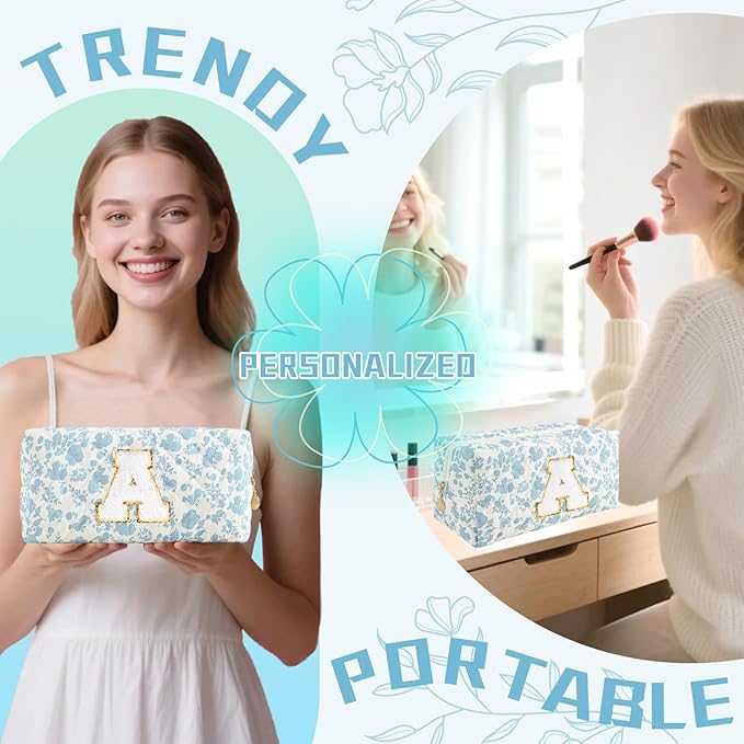 Personalized Quilted Cosmetic Bag, Puffy Monogrammed Christmas Birthday Gifts for Women & Girls, Cute initial Floral Makeup Bag Puffer Coquette Bag, Aesthetic Travel Toiletry Zipper Pouch(Blue,A)