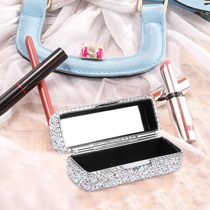 Rhinestone Lipstick Case with Mirror Bling Crystal Lipstick Case Diamonds Makeup Cosmetic Storage Box Holder for Purse(COLOR:White)