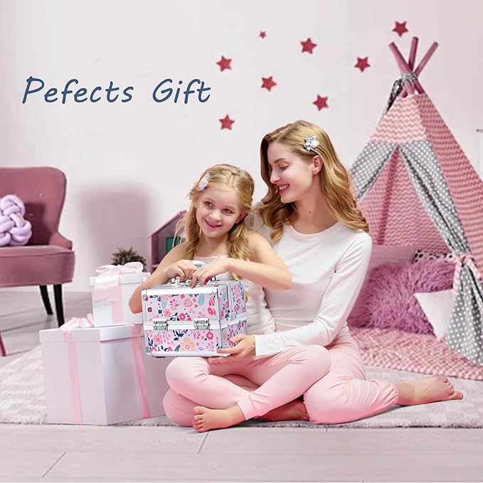 Joligrace Makeup Case for Girls Cosmetic Train Case Makeup Storage Box Jewelry Organizer Hair Accessories Lockable with Trays & Mirror Floral