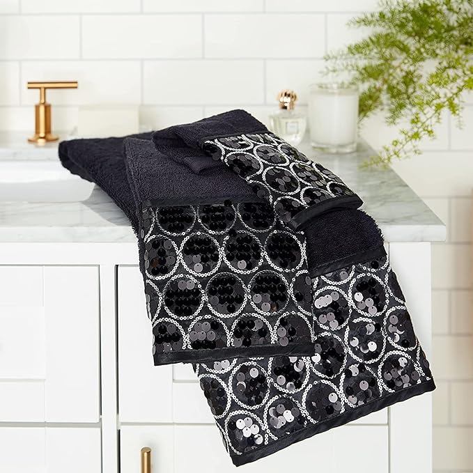 Zahari Home Sinatra Modern Bathroom Towel Set 3 Piece Towel Bath Towel, Hand Towel and Wash Towel Luxury Contemporary Decor Bling Black Bath Towel Sets Soft, Plush and Highly Absorbent