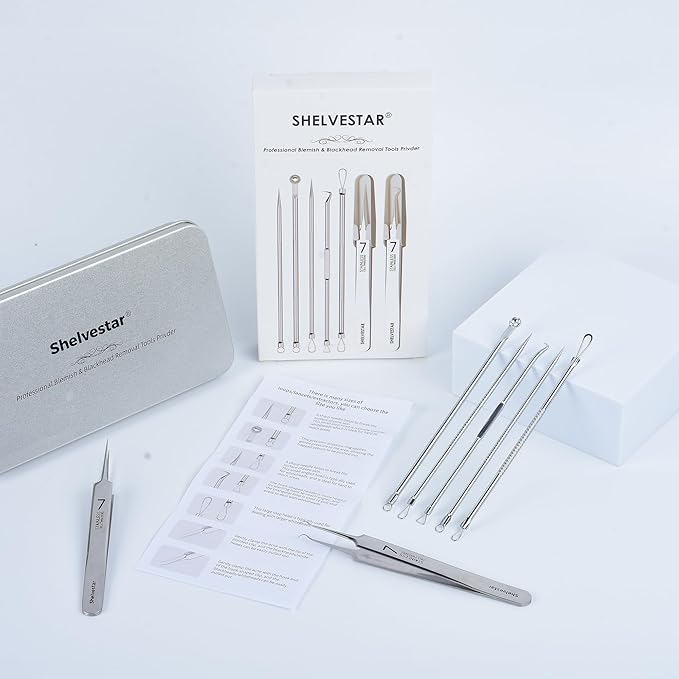 Pimple Popper Tool Kit, 7 PCS Professional Stainless Steel Blackhead Remover Comedone Extractor Tools for Removing Zit on Face - Silver