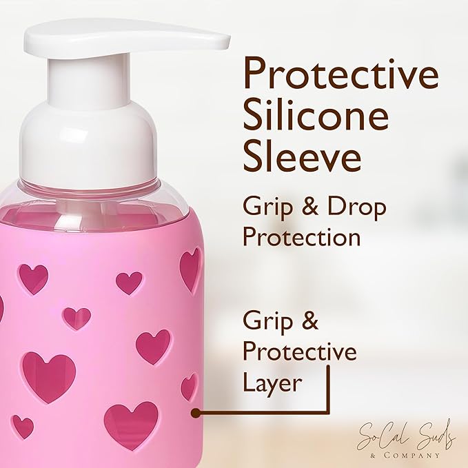 SoCal Suds & Company Foaming Hand Soap Dispenser Glass, Liquid Soap Pump with Heart Silicone Sleeve, Refillable Bottle for Kids, Baby Wash & Shampoo, Ideal for Bathroom & Kitchen Use, Bright Pink, 8oz