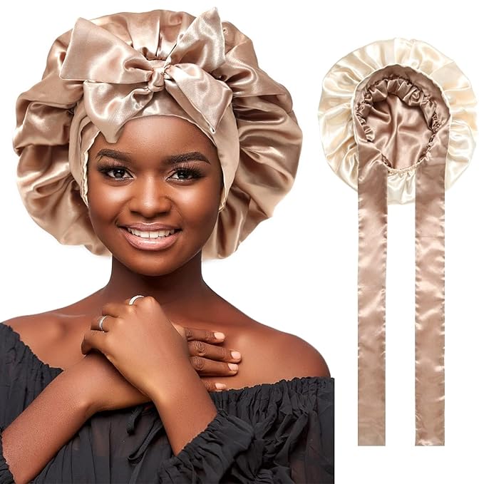 Satin Bonnet Silk Hair Wrap for Sleeping - Reversible Cap with Tie Band Night Cap Double Layer for Curly Hair (Coffee + Champagne)