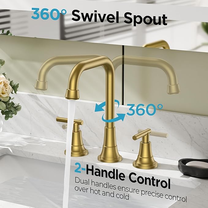 FORIOUS 3 Hole 8 Inch Widespread Bathroom Faucet in Brushed Gold - 2 Handle Bathroom Sink Faucets with Pop Up Drain Assembly and 2 Water Supply Lines for RV Bath Vanity Farmhouse, 360°Swivel Spout