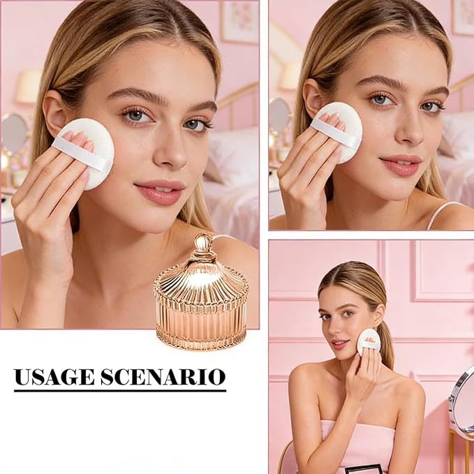 Body Powder Puff and Container, Soft Powder Puff,Glass Box for Dust Puff,Powder Puff for Body Powder,Powder Puff Wet Dry Makeup,Powder Applicator With Case for Dusting Powder (champagne)