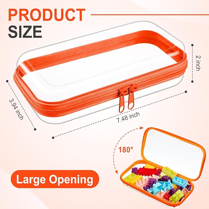 Hoolerry 4 Pcs Hard Clear Zipper Case Makeup Bags Plastic Zipper Pouch Transparent Storage Box Containers for Cosmetics, Snacks, Building Blocks, Puzzles(Clear,7.5 x 3.9 x 2 in,Fluorescent)