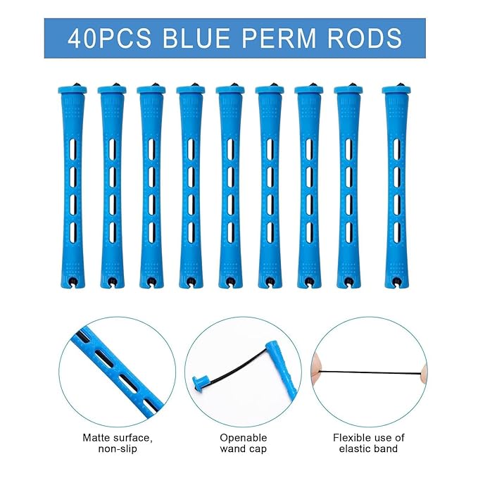 40 Pieces Plastic Perm Rods Set, Cold Wave Rod, Non-Slip Hair Rollers, Perming Curlers with Elastic Rubber Band For Women’s Short Long Natural Hair(Blue,0.35 Inch)