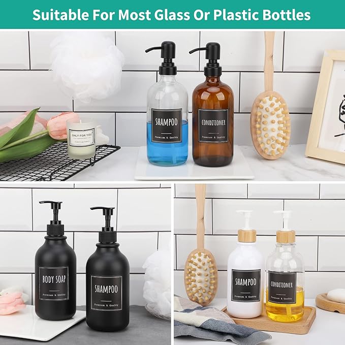 Segbeauty Soap Dispenser Labels, 18pcs Bathroom Waterproof Labels for Bottles, Black Removable Self-Adhesive Cleaning Bottle Label Stickers Printed with Shampoo Conditioner Body Soap