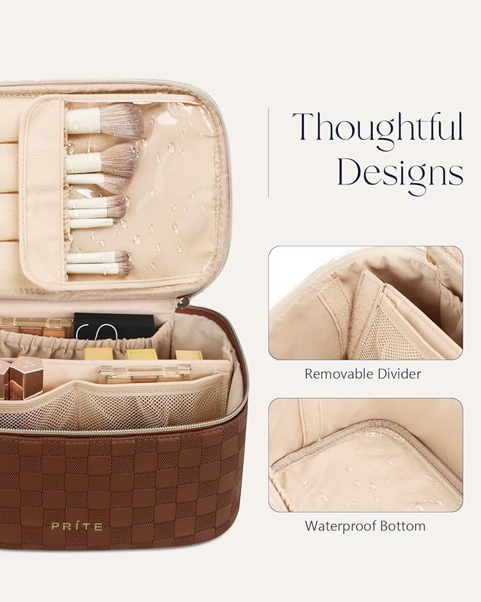 Prite Makeup Bag, Large Capacity Portable Travel Cosmetic Bag, Waterproof Makeup Organizer for Women with Handle and Divider (001 Checkered Brown)