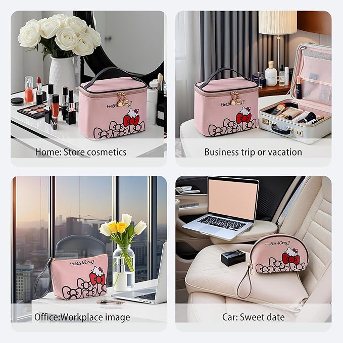 Vimanllie Travel Makeup Bag Large Cosmetic Bags with Brush Holder,Pink Waterproof 3PCS Portable Cosmetic Case for Women,Toiletry Bag for Skincare&Beauty Tools for Her