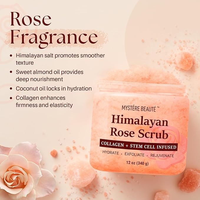 Himalayan Salt Body Scrub with Collagen & Rose Oil (12 oz) - Exfoliating Scrub for Cellulite, Acne, Scars & Stretch Marks - Deep Cleansing & Moisturizing - Natural Skin Care Gift