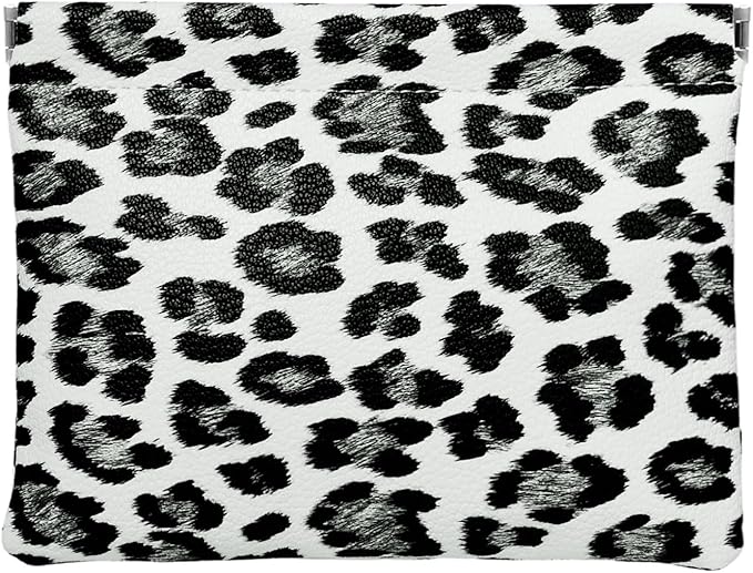Leopard Leather Small Makeup Pouch for Women,Cosmetic Accessories,Waterproof and Portable Cosmetic Bag,Self-closing, No Zipper, Aesthetic Storage Pouch,Lipstick for Purse,White Black