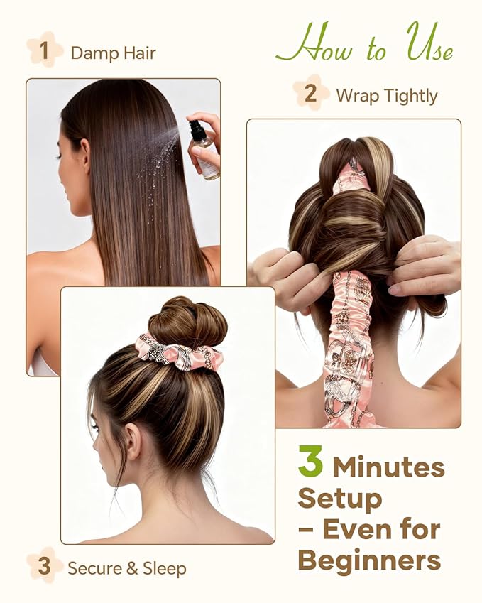BONNET QUEEN Satin Heatless Hair Curler, Overnight Curls for Long Hair, ultra soft Heatless Curling Rod & 2 Scrunchies,Damage-Free Styling, Soft Hair Curlers for Overnight Use(Pink Print)
