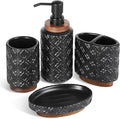 Elegant Bathroom Accessories Set 4 PCS Ceramic and Wood Bathroom Accessory Set Soap Dispenser Toothbrush Holder Tumbler Soap Dish Easy to Clean Quatrefoil Pattern Black