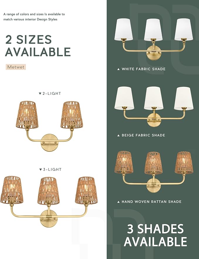 3-Light Bathroom Light Fixtures, Brushed Gold Rattan Vanity Lights with Flared Handwoven Shade, Boho Wall Sconce, Farmhouse Sconces Wall Lighting for Hallway Bedroom, VL837-BG-RA-3
