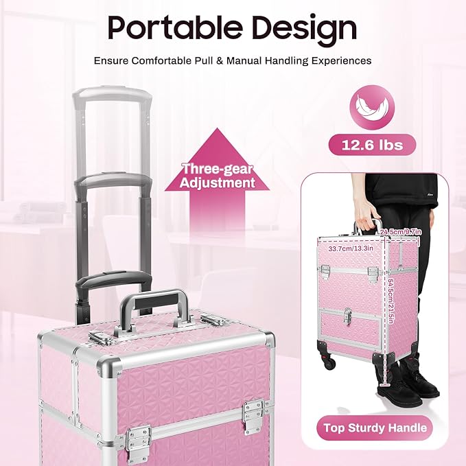 Pink Rolling Makeup Case with 4 Trays and Large Drawer Nail Travel Case on Wheels for Professional Stylists Portable Beauty Organizer