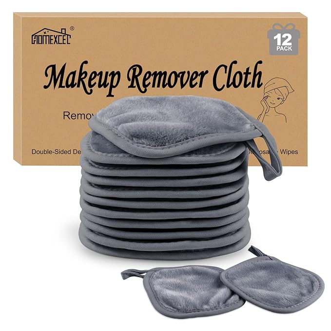 HOMEXCEL Makeup Remover Cloth 12 Pack,Reusable Makeup Remover Pads, Washable Ultra Soft Facial Cleansing Cloths For All Skin Types, 5 X 5 In, Grey