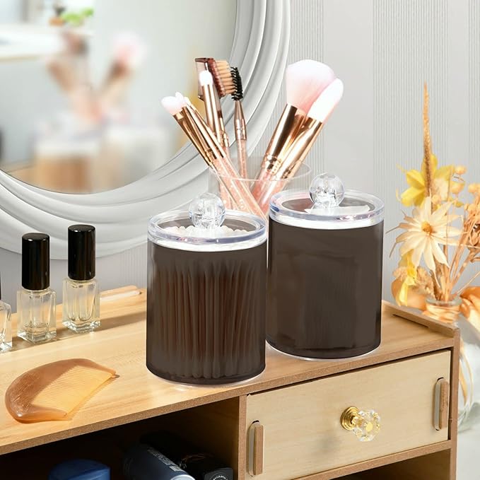 Brown Qtip Holder Organizer Dispenser Cotton Swabs Cans Plastic Jars with Lid Set 4 Pack Bathroom Storage Canister for Cotton Ball Floss Cotton Pads