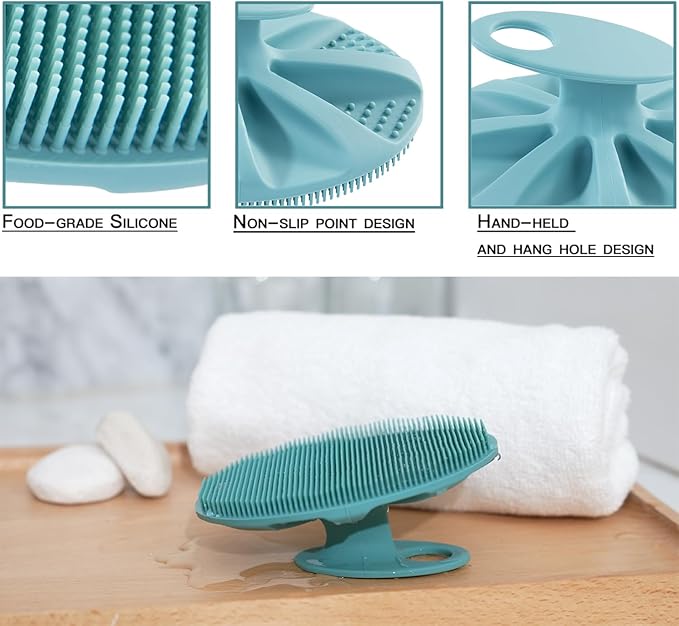 Soft Silicone Body Cleansing Brush Shower Scrubber, Gentle Exfoliating and Massage for All Kinds of Skin (Pink+Dark Green)