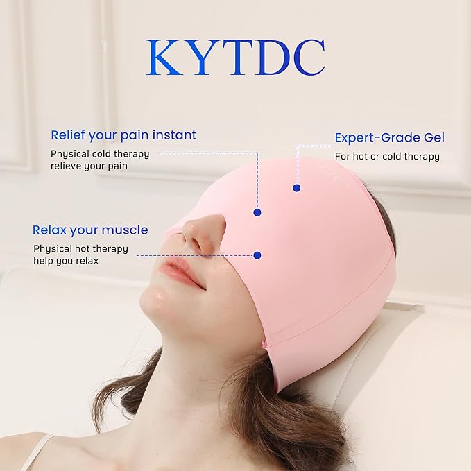 Migraine Relief Cap Gel Ice Head Wrap - Hot & Cold Therapy Soothing Headache Hat Ice Pack Mask, Headache Relief Wrap for Tension, Stress, Hangover&Puffy Eyes Pink, 1PC(Gift Eye Mask)