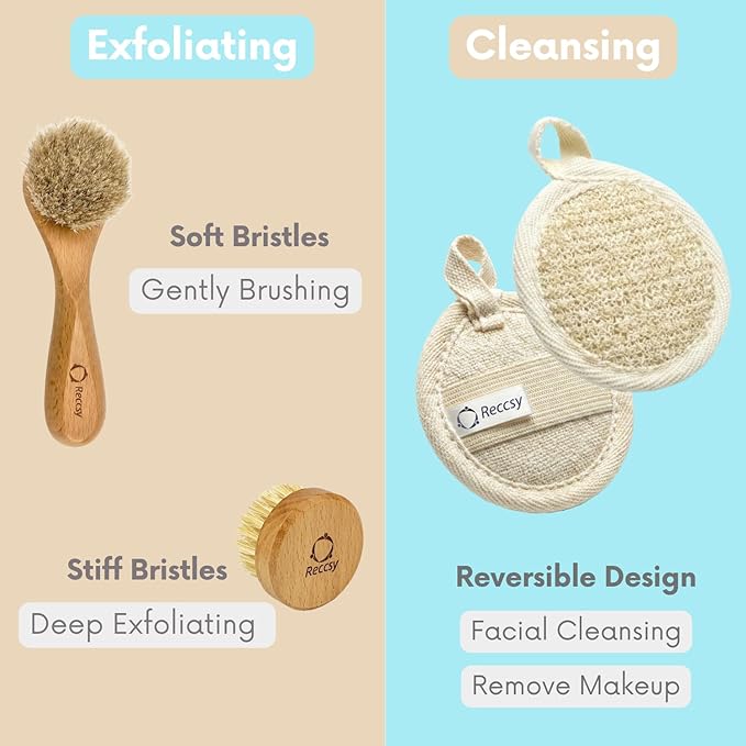 Face Dry Brush for Lymphatic Drainage Set,Exfoliating Face Brush+Face Scrubber for Women+4pcs Organic Facial Exfoliating Pads Reusable.Wooden Small Soft Bristle Facial Brushes for Cleaning.