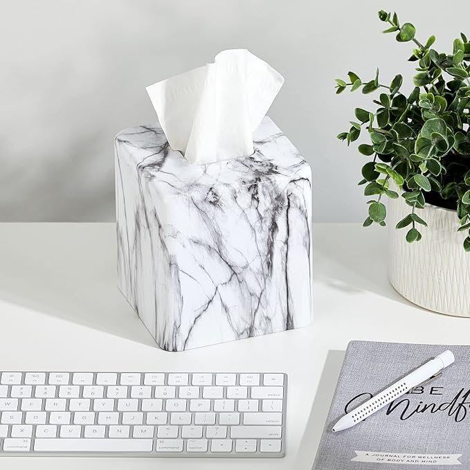 mDesign Metal Square Tissue Box Cover, Modern Facial Paper Holder - Accessories for Bathroom Vanity Countertop, Bedroom Dresser, Night Stand, Desk, Office and End Table - Unity Collection - Marble
