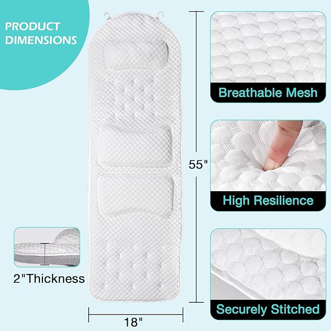 Full Body Bath Pillow for Bathtub, Thick Soft Tub Cushion with Non-Slip Suction Cups Dual Hooks, Luxury Spa Pillow for Neck Back and Hip Support, 55" x 18"