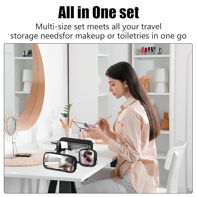 Clear TSA Approved Toiletry Bag Set - 3 Pack (Large, Small and Mini) Clear Cosmetic Bag with Zipper, Quart Size Travel Essentials Organizer Perfect for Carry-On Luggage (TPU-3LSM-Black)