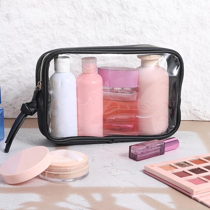 Clear Makeup Bag, PU Leather Small Toiletry Pouch Portable Travel Makeup Pouch Transparent Waterproof Cosmetic Organizer with Zipper for Women Home Travel Office Cosmetic Storage (Black)