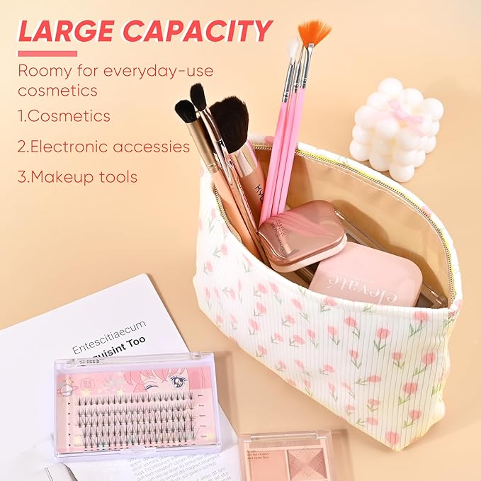 Cute Floral Makeup Pouch for Women Small Make Up Bag for Purse Zipper Initial Makeup Cosmetic Bags Pouches for Purse Aesthetic Travel Toiletry Bags, Pink Rose