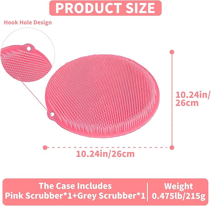 2 Pack Shower Foot Scrubber & Shower Back Scrubber Wall Mounted with Delicate Brush,Circular Design Shower Back Scrubber,Non-Slip Foot Scrubber Mat(Grey and Pink)