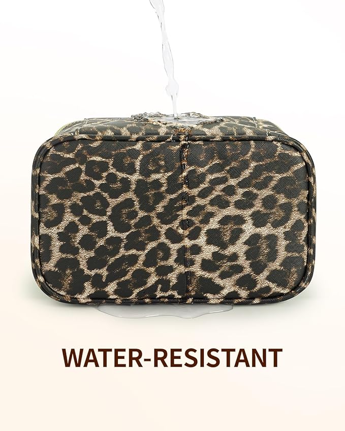 Wandering Nature Makeup Bag, Travel Make Up Organizer Cosmetic Brush Bags Case for Women in Vegan Leather, Leopard Print, Patent Pending