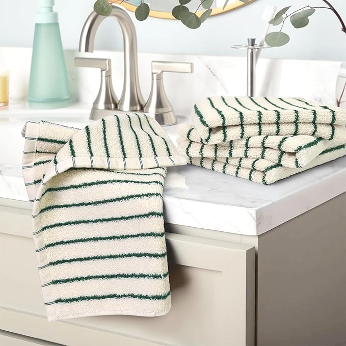 Jacquotha Striped Cotton Washcloths 4 Pack, 13” x 13” - Soft Wash Cloths for Bathroom, Kitchen, Gym, Face, Green and Cream