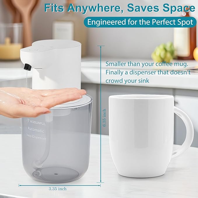 Automatic Soap Dispenser for Kitchen Sink - Wall-Mount & Countertop: 4-Level Adjustable, 13.5oz Clear Plastic IPX5 Rechargeable, Suitable for Kitchen Sink & Bathroom (White)