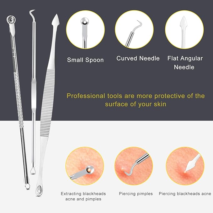 Pimple Popper Tool Kit - Boxoyx 10 Pcs Blackhead Remover Comedone Extractor Kit with Metal Case for Quick and Easy Removal of Pimples, Blackheads, Zit Removing, Forehead,Facial and Nose(Silver)