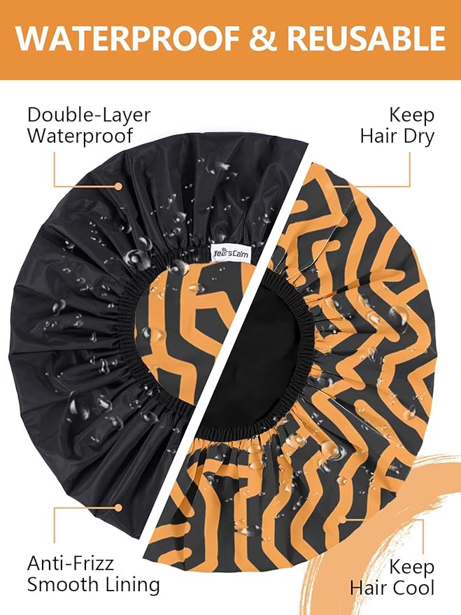 Years calm Men Shower Cap Reusable Waterproof, Dual-Layer Design, Double-Sided Use, Protects Hair in Shower, Spa, Travel & Cooking, Adjustable Elastic for Comfortable Fit (Orange Striped, One Size)