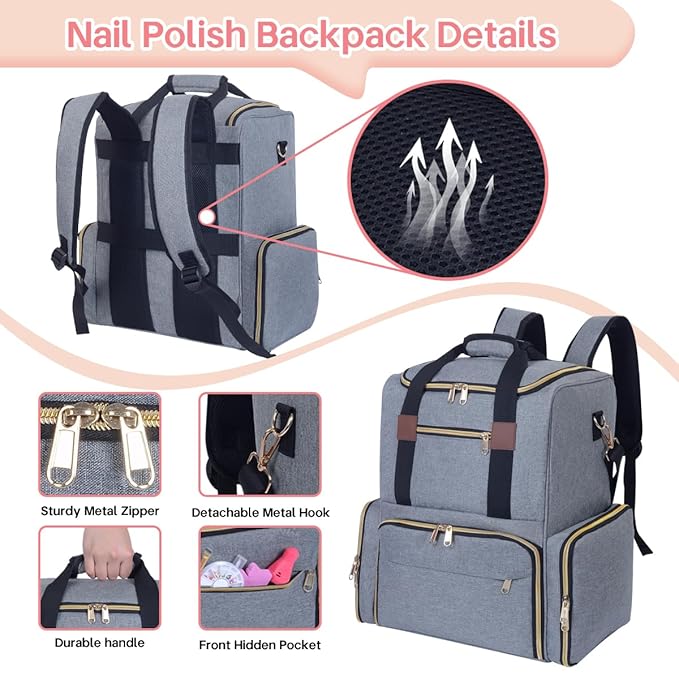 Nail Polish Organizer Backpack Holds 80 Bottles and a Nail Lamp Supplies with 2 Removable Cases Storage Bag Professional Travel Case for Manicurist (Grey)
