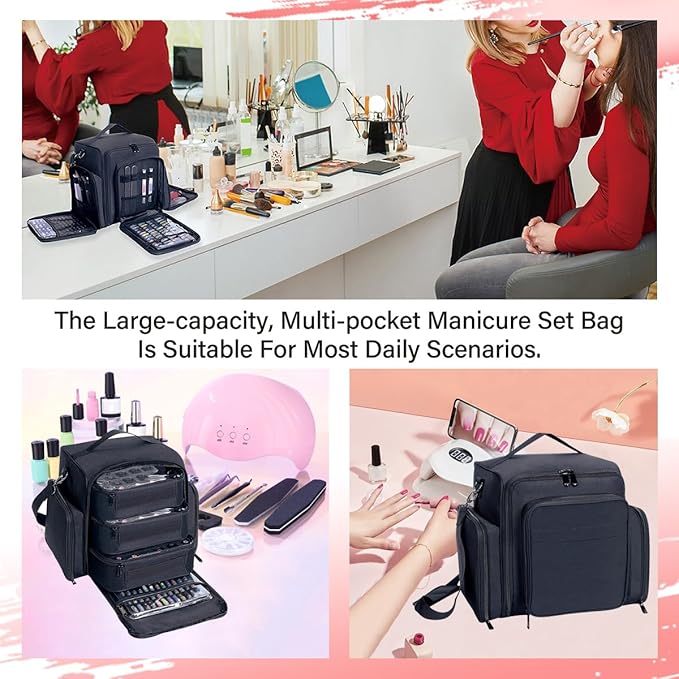 Nail Polish Organizer Storage Box, Holds 90 Bottles of Nail Polish, Portable Travel Case with 3 Separate Storage Bags, Can Be Used for Nail Art Supplies, Manicurists, etc Black