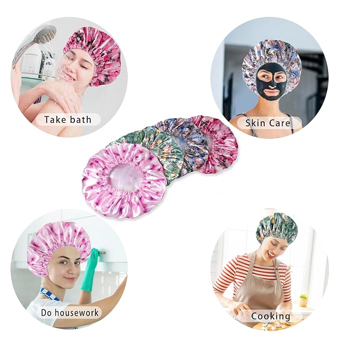 4 PCS Shower Caps for Women, Printing Bath Caps, Double Layers Shower Cap Reusable Waterproof, Bathing Shower Caps, Environmental Protection Hair Bath Hat - Flower B