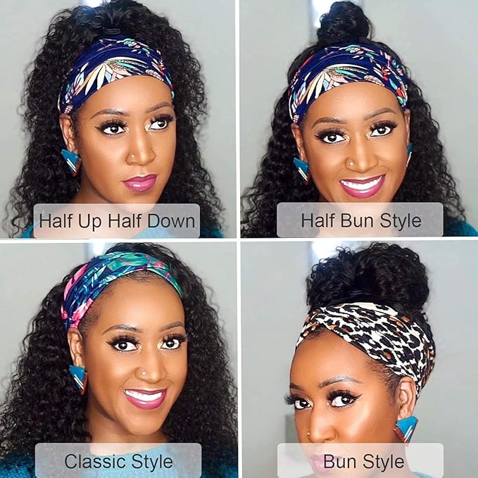XSY 30 Inch Headband Wig Human Hair Deep Wave Glueless None Lace Front Wigs for Black Women 150% Density Curly Long Headband Wig Natural Color