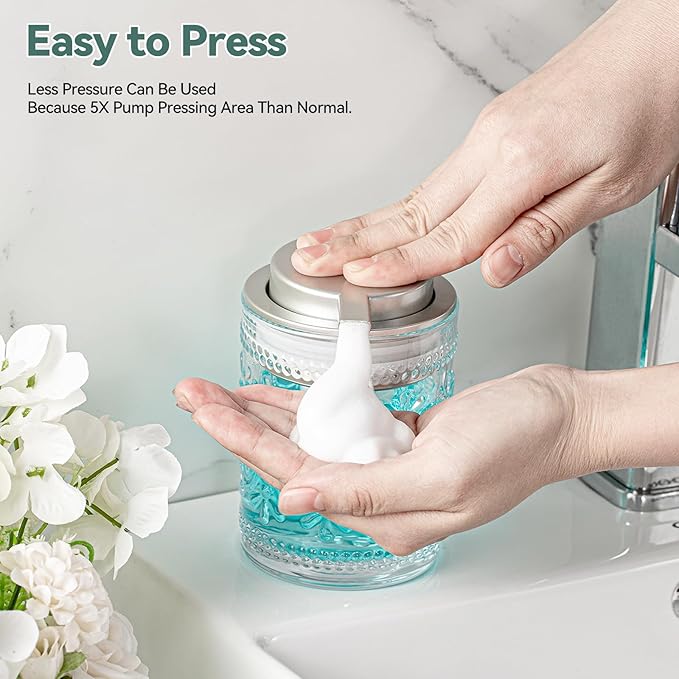 Glass Foam Soap Dispenser, 8 Oz Face Wash Dispenser for Bathroom, Vintage Glass Clear Foaming Hand Soap Dispenser, Small Refillable Lotion Dish Dispenser for Kitchen, Matte Silver Pump