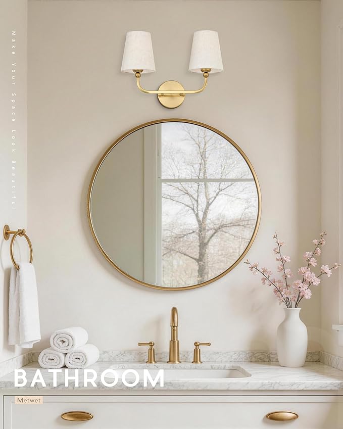2-Light Bathroom Light Fixtures, Brushed Gold Vanity Lights, Double Wall Sconce with Linen Fabric Shade, Modern Sconces Wall Lighting for Hallway Bedroom Stairway, VL837-BG-A-2