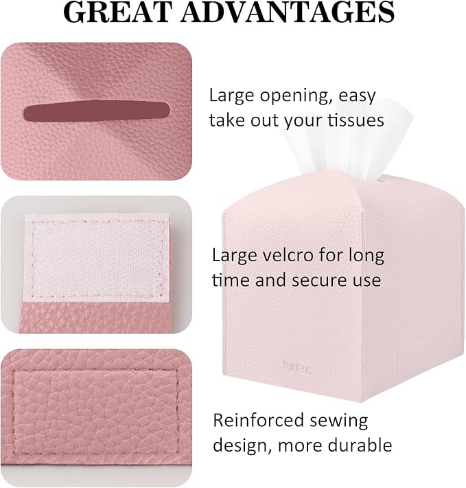 Tissue Box Cover Holder Square Tissue Cube Cover PU Leather Tissue Organizer with Bottom Belt for Bathroom, Tabletop, Car, Night Stands, Office, Home, Kitchen (2, PrettyPink)