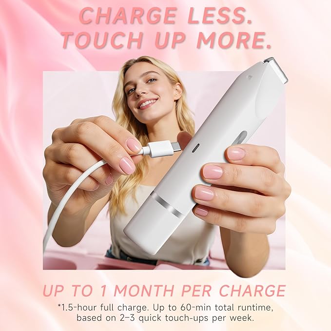Bikini Trimmer for Women, Dual-Ended Electric Razor Personal Shaver for Bikini Line & Pubic Hair, Waterproof USB-C Rechargeable Body & Face Trimmer for Underarms & Legs (Pearl White)