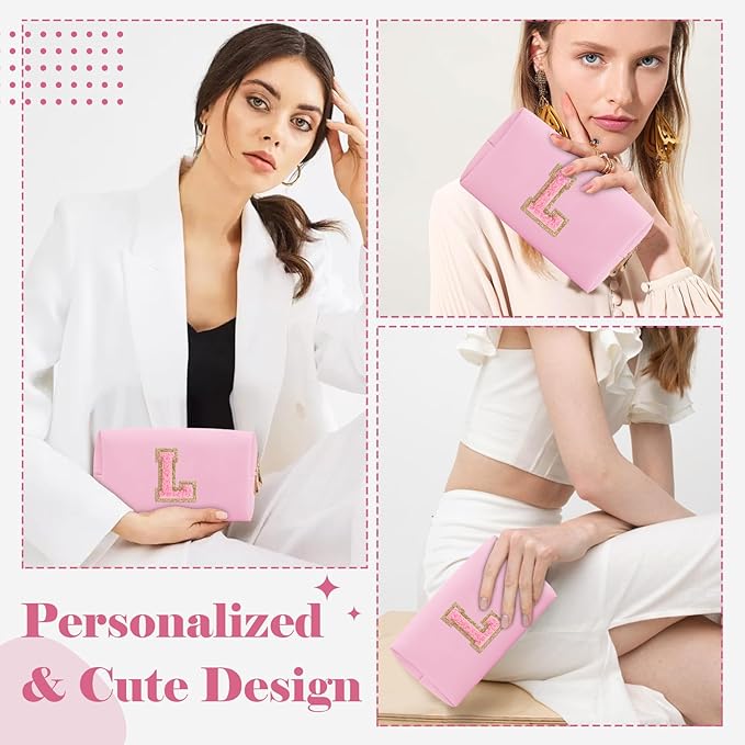Personalized Initial A-Z Preppy Patch Makeup Bag,Small PU Leather Chenille Letter Cosmetic Bag with Zipper for Teen Girls,Pink Cute Travel Toiletry Bag,Birthday Monogrammed Gift for Daughter,Letter L