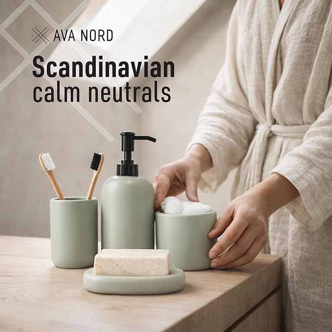 Ceramic Bathroom Accessories Set 4 Pcs – Modern Scandinavian Neutral Bathroom Soap Dispenser Set with Toothbrush Holder, Soap Dish & Cup – Minimalist Bathroom Accessory Set Decor - Sage Green